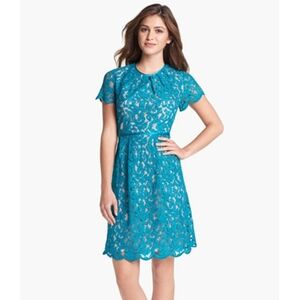 Adrianna Papell Scalloped Lace Dress Size 12 Turquoise Teal Blue Wedding MOB MOG